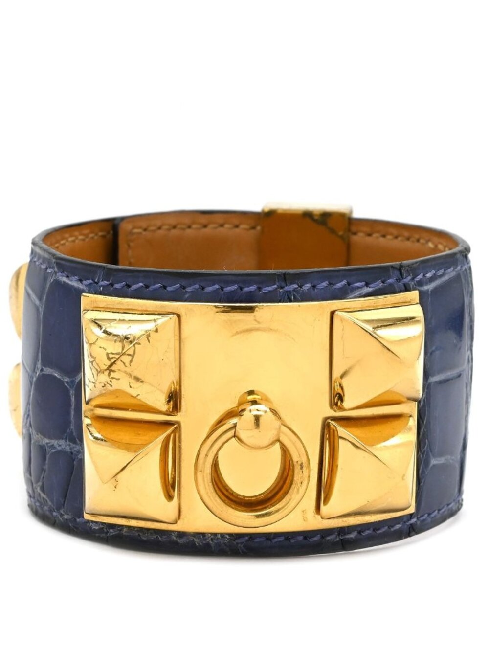 Hermes Bracelet Collier de Chien Press Porosus Navy Gold S Blue Studs
